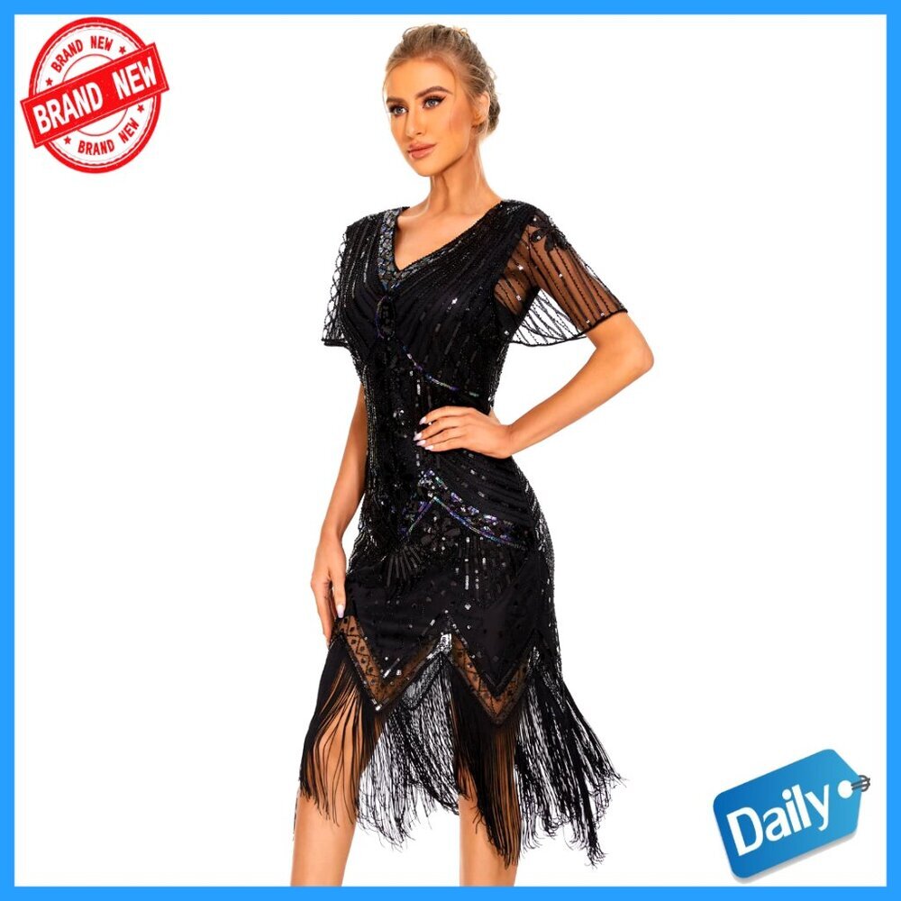 Sequin Flapper Dress with V-Neck, Knee-Length, Tassels, Gatsby Party